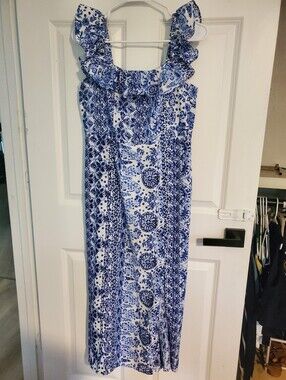Emma & Michele Blue and White Floral Ruffle-Shoulder Maxi Dress